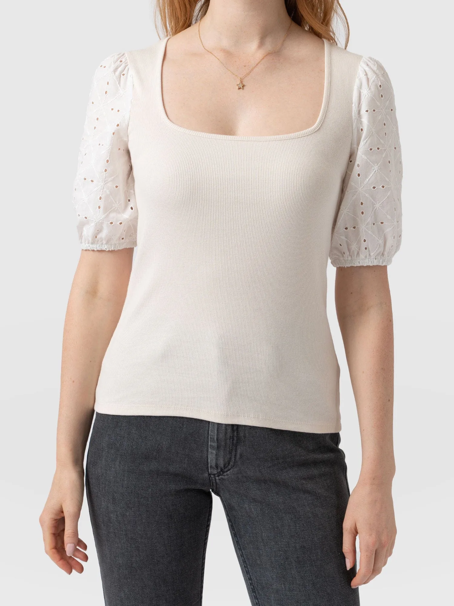 Cavendish Square Neck Tee - Cream Broderie