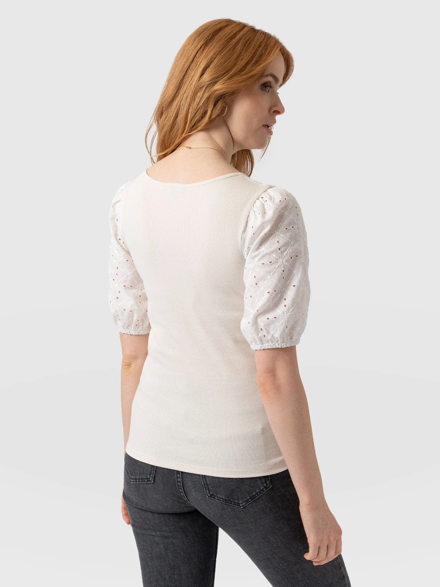 Cavendish Square Neck Tee - Cream Broderie