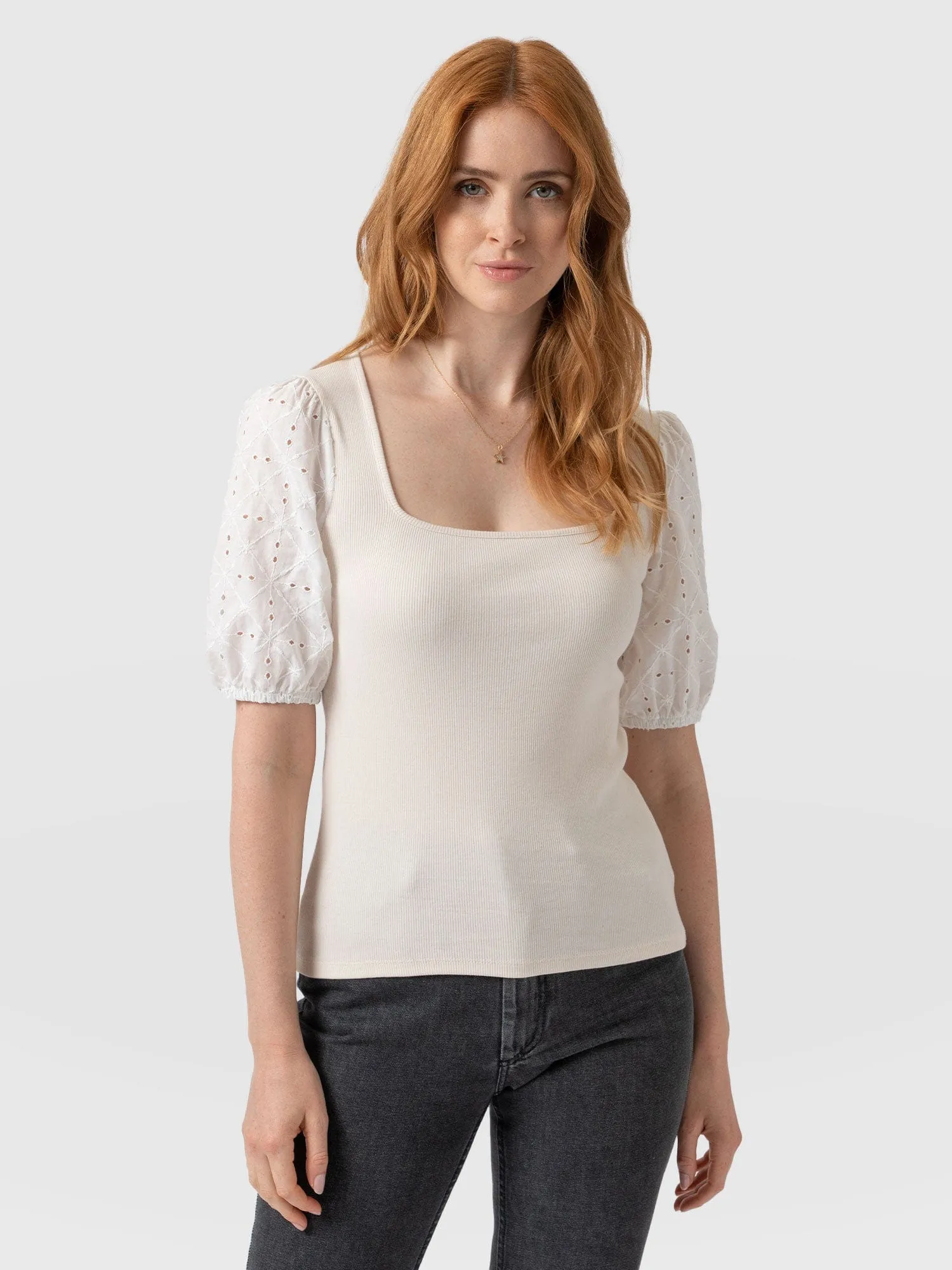 Cavendish Square Neck Tee - Cream Broderie