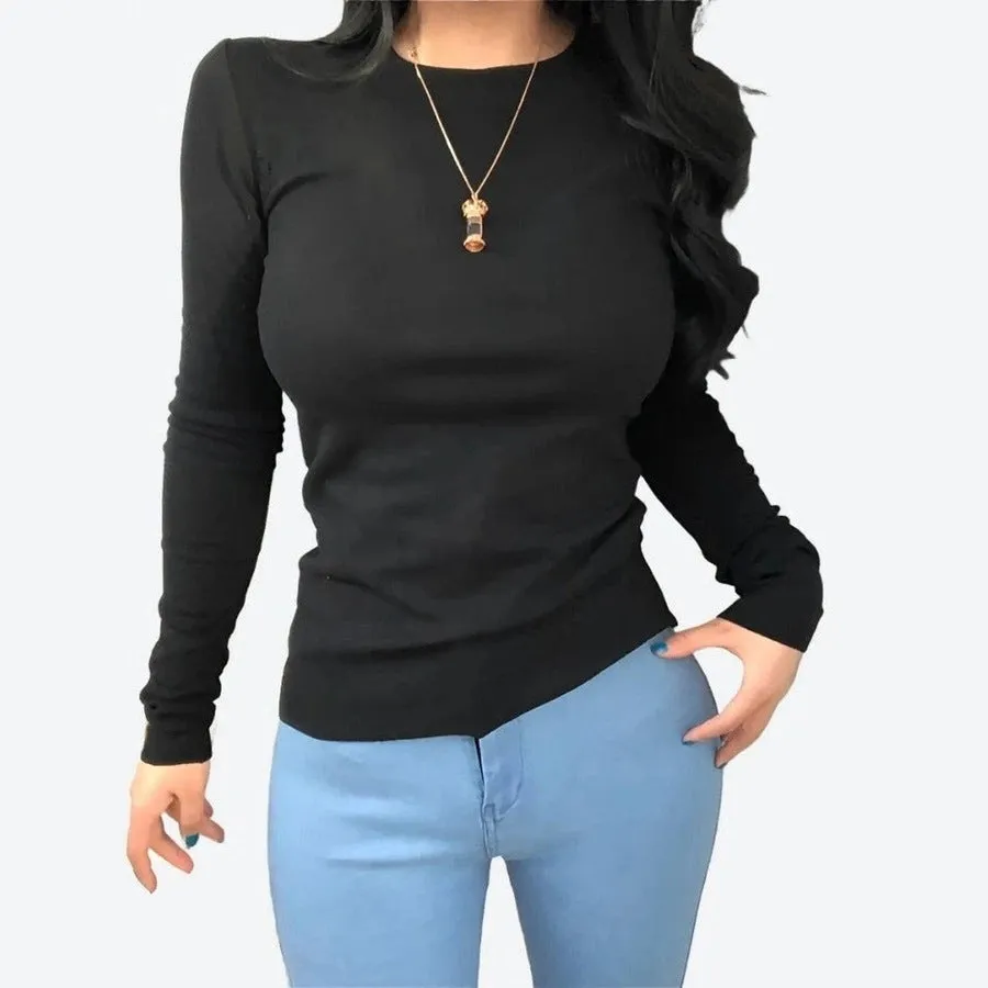 Classic Long-Sleeve Fitted Crewneck Tops