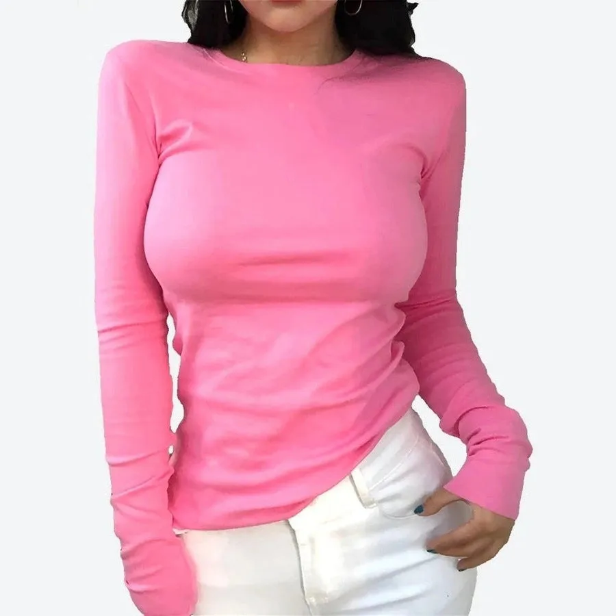 Classic Long-Sleeve Fitted Crewneck Tops