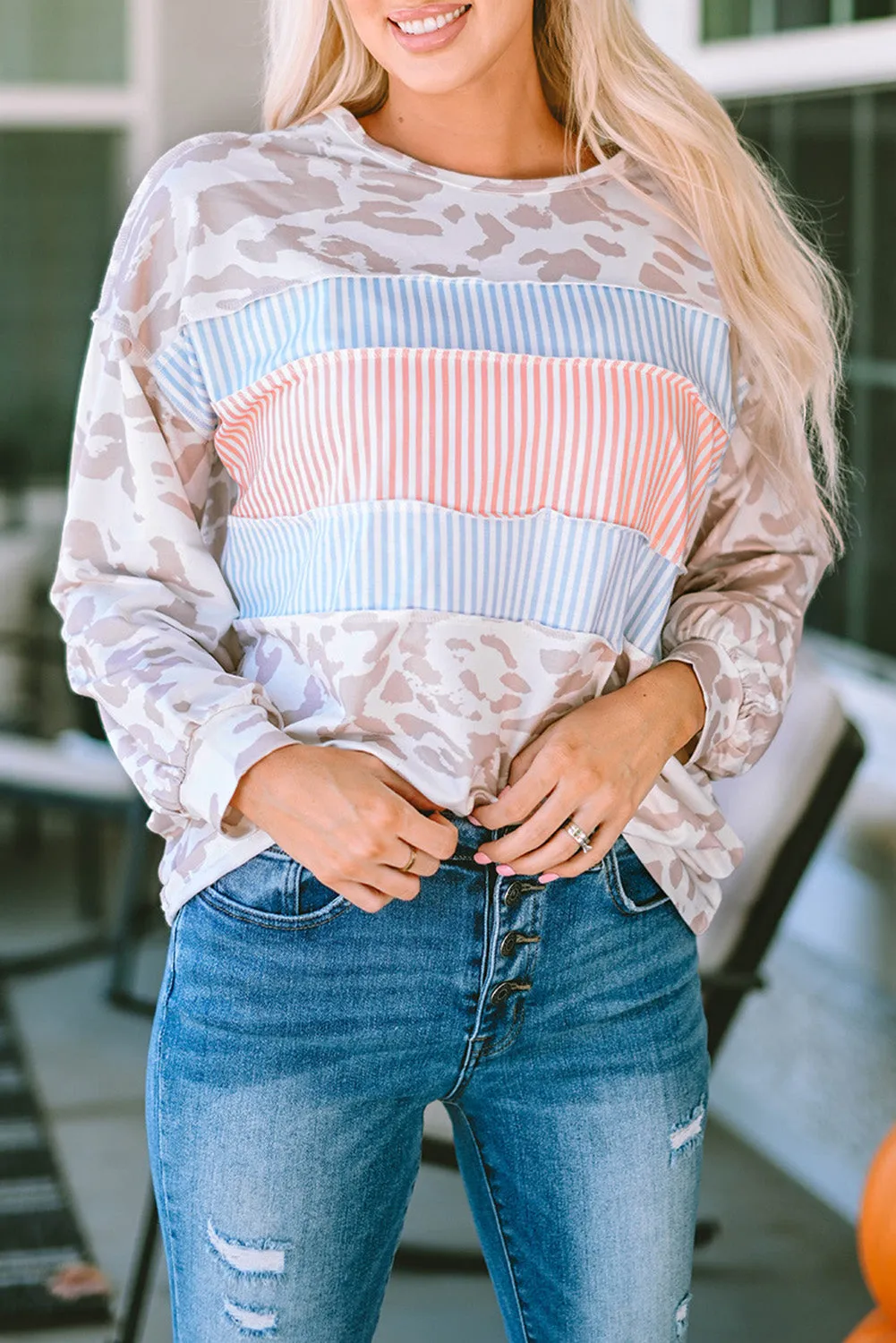 Contrast Stripes Puff Sleeve Knit Top