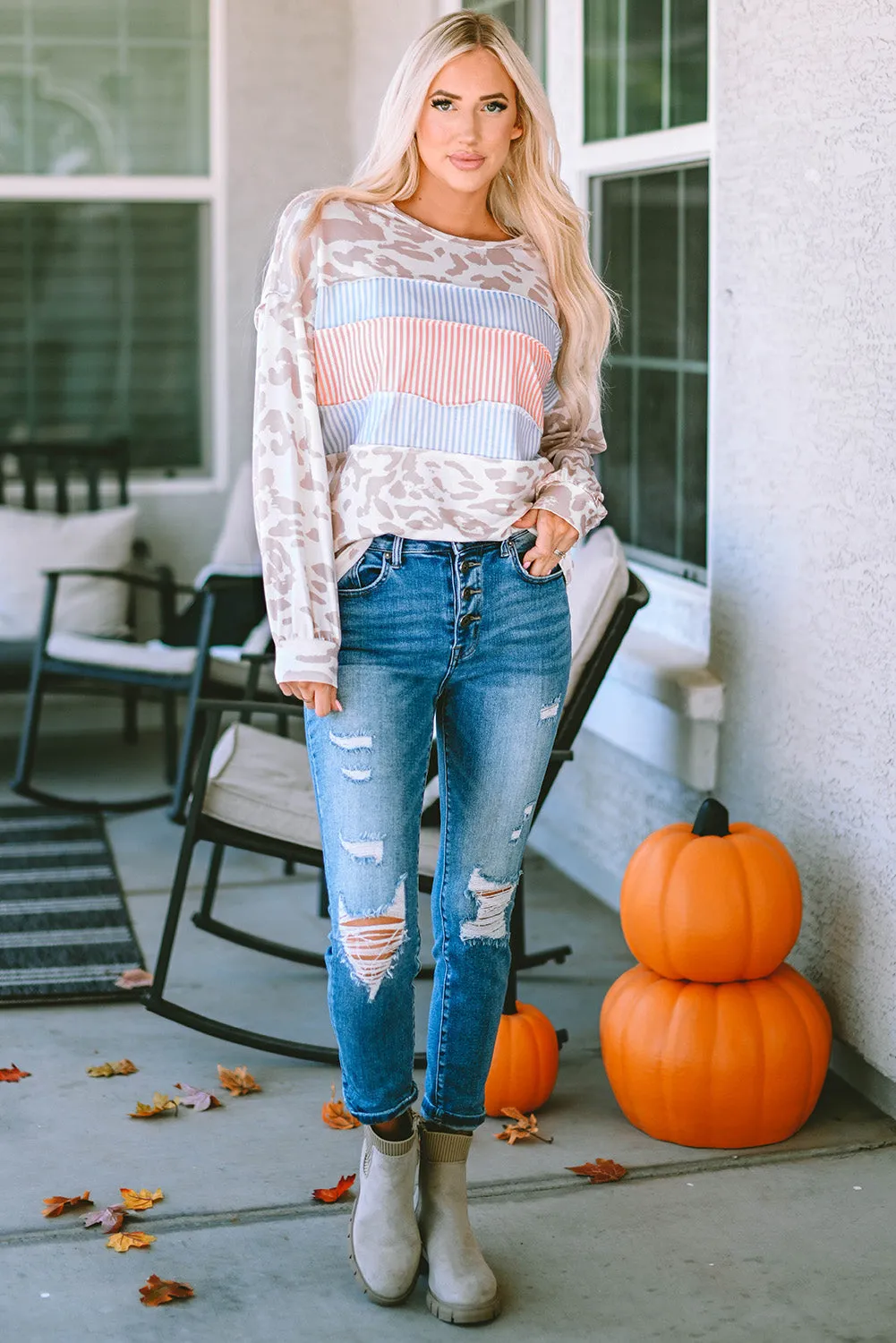 Contrast Stripes Puff Sleeve Knit Top