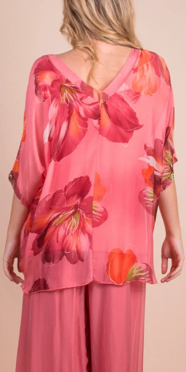 Coral Floral Bloom Print Silk Top