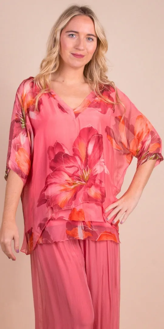 Coral Floral Bloom Print Silk Top