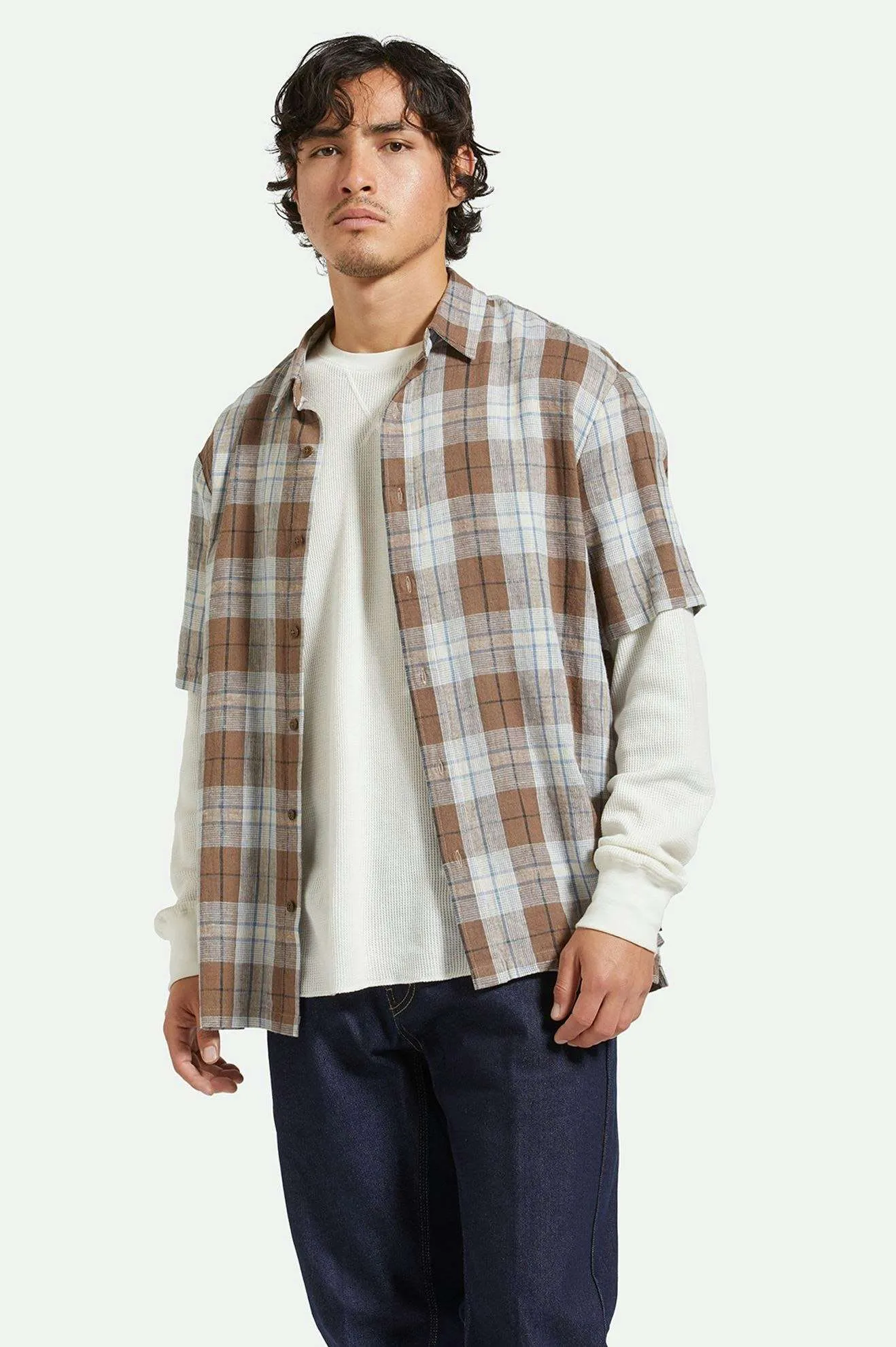 Cru Linen Blend Relaxed S/S Woven Shirt - Pinecone Brown/Coronet Blue