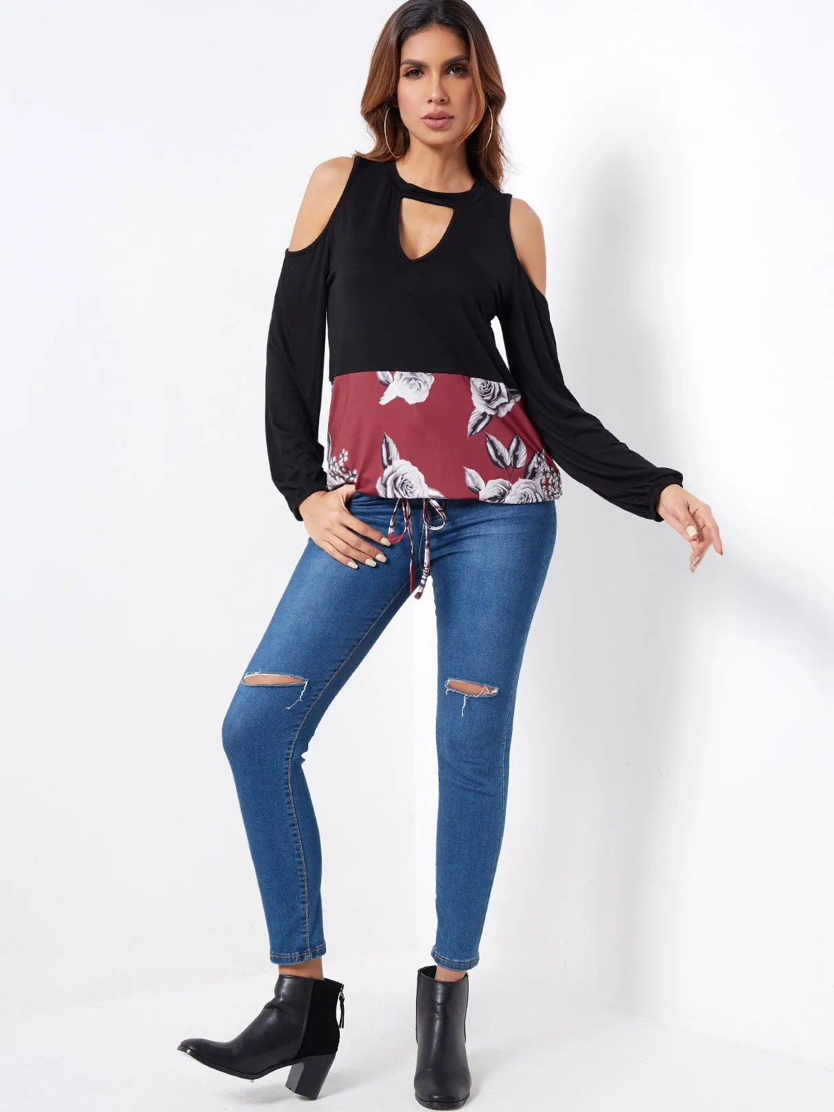 Custom Cold Shoulder Floral Print Hollow Long Sleeve Black Blouses