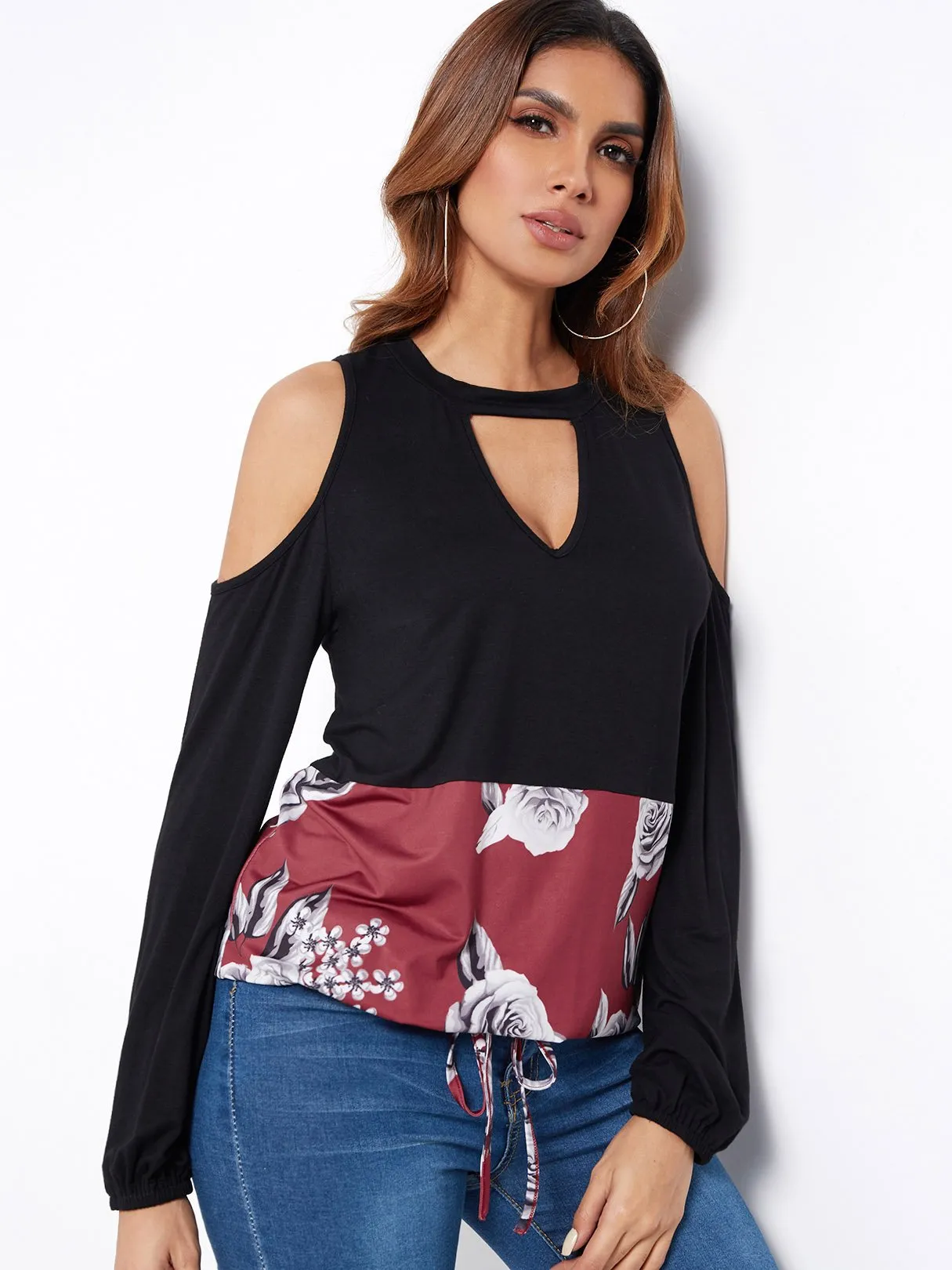 Custom Cold Shoulder Floral Print Hollow Long Sleeve Black Blouses