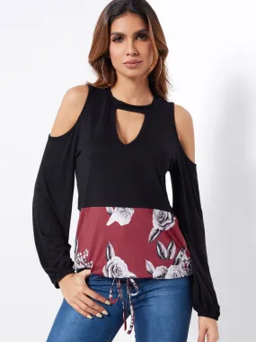 Custom Cold Shoulder Floral Print Hollow Long Sleeve Black Blouses