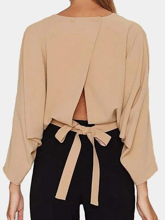 Custom Crew Neck Plain Lace-Up Slit Blouses