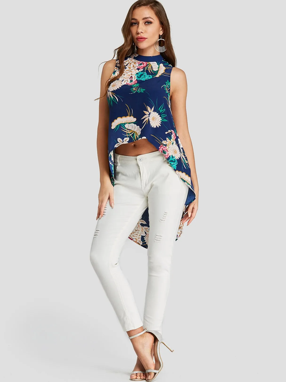 Custom Floral Print Sleeveless Blue Blouses