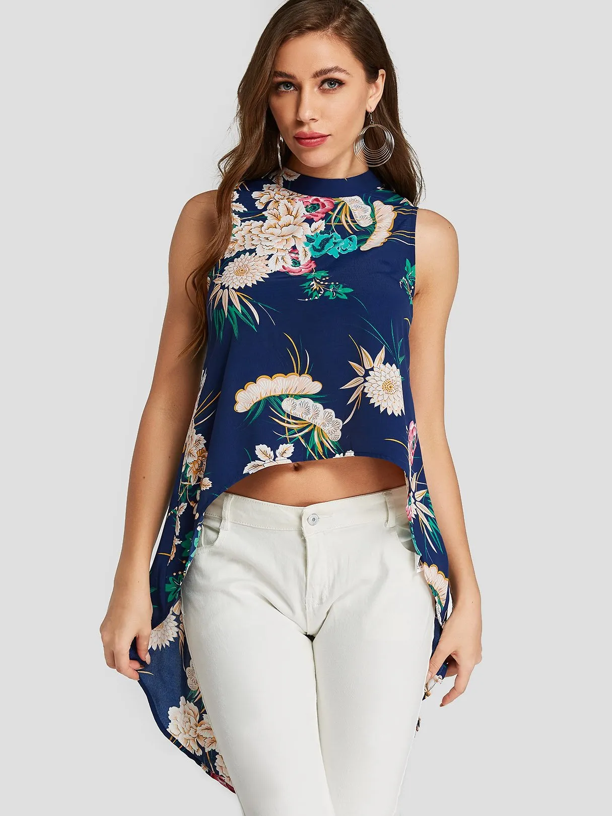 Custom Floral Print Sleeveless Blue Blouses