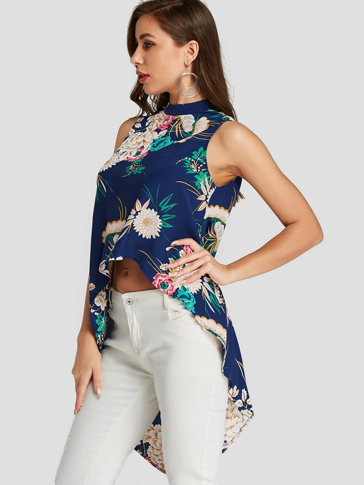 Custom Floral Print Sleeveless Blue Blouses