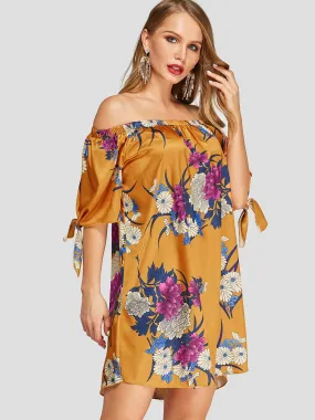 Custom Off The Shoulder Floral Print Half Sleeve Orange Blouses