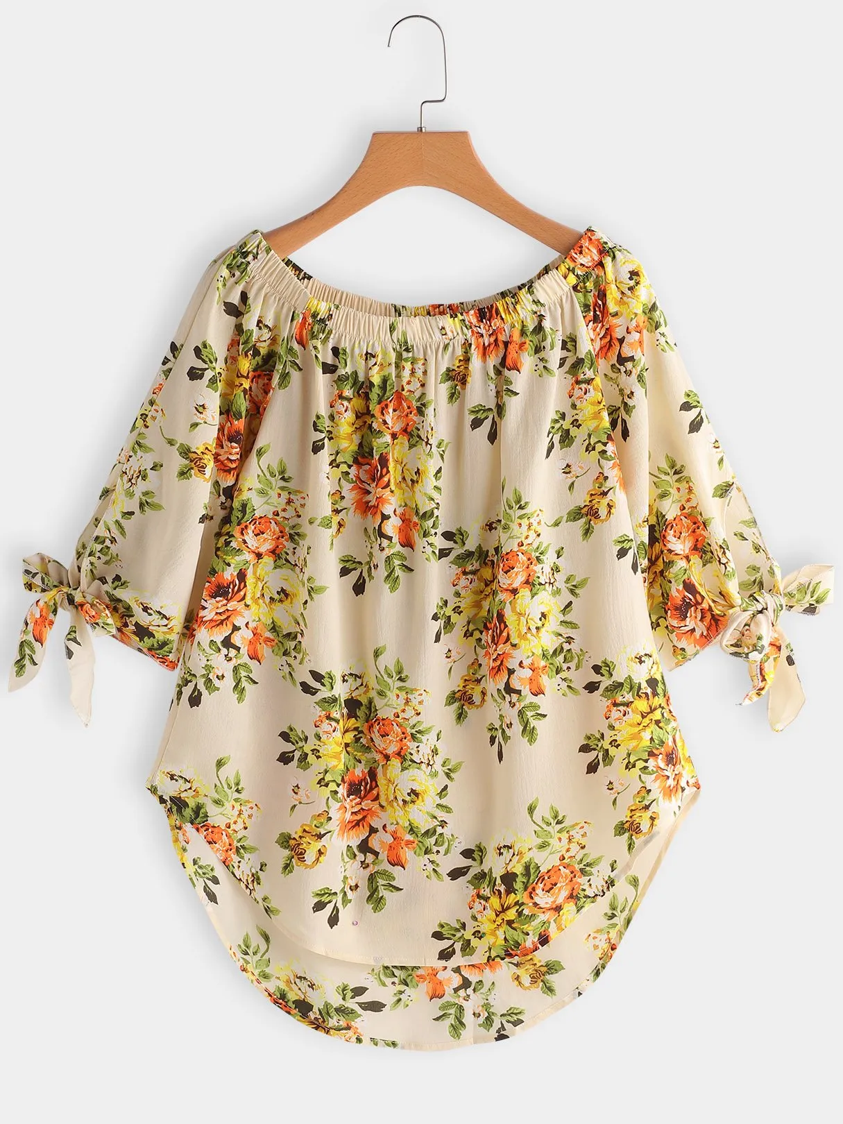 Custom Off The Shoulder Floral Print Self-Tie 3/4 Sleeve Curved Hem Blouses