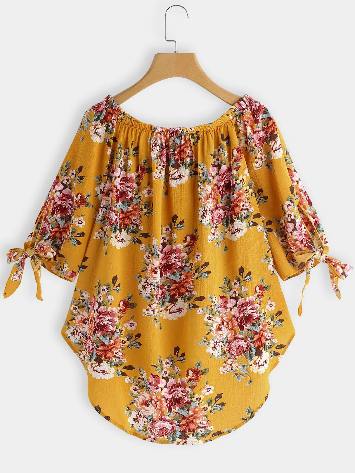 Custom Off The Shoulder Floral Print Self-Tie 3/4 Sleeve Curved Hem Blouses