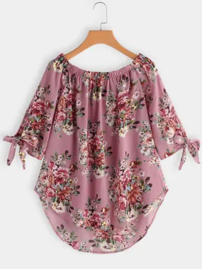 Custom Off The Shoulder Floral Print Self-Tie 3/4 Sleeve Curved Hem Blouses