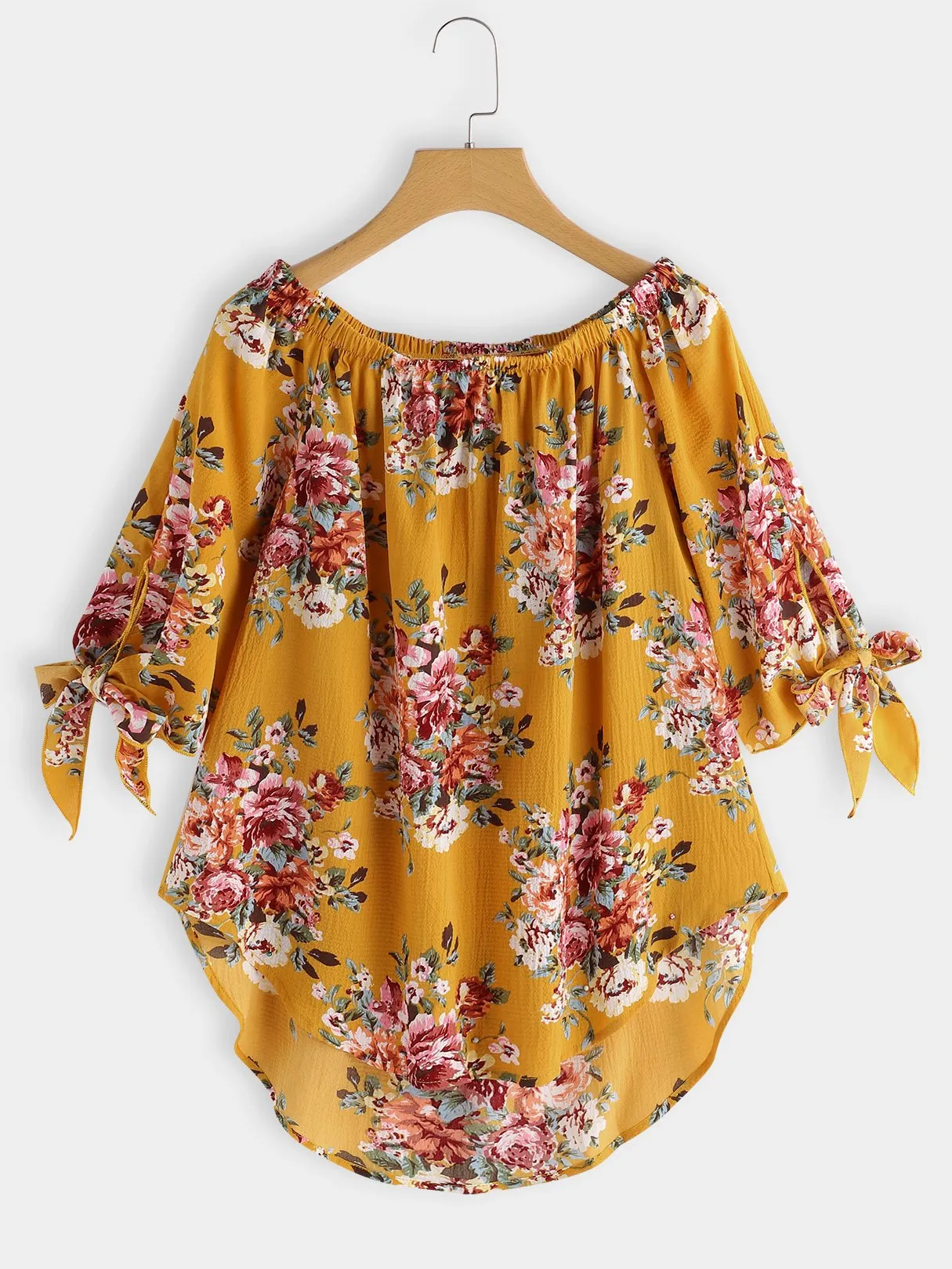 Custom Off The Shoulder Floral Print Self-Tie 3/4 Sleeve Curved Hem Blouses