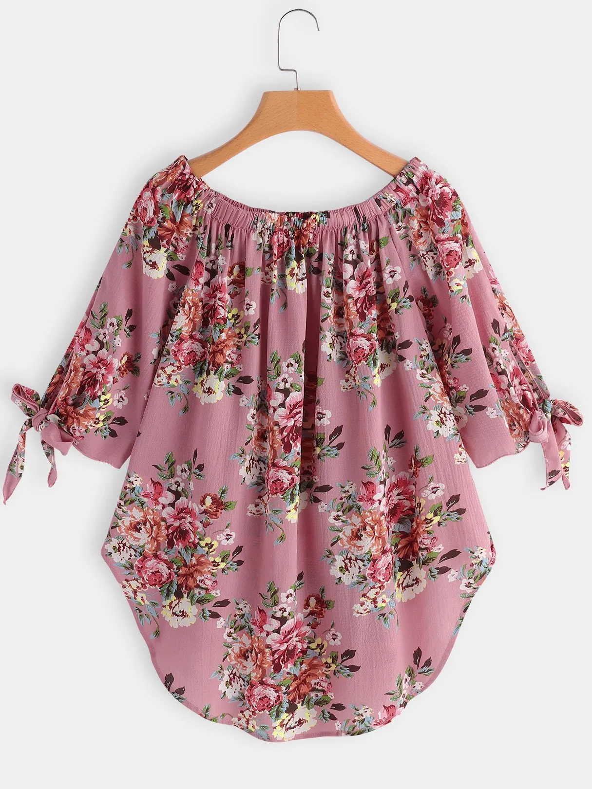 Custom Off The Shoulder Floral Print Self-Tie 3/4 Sleeve Curved Hem Blouses