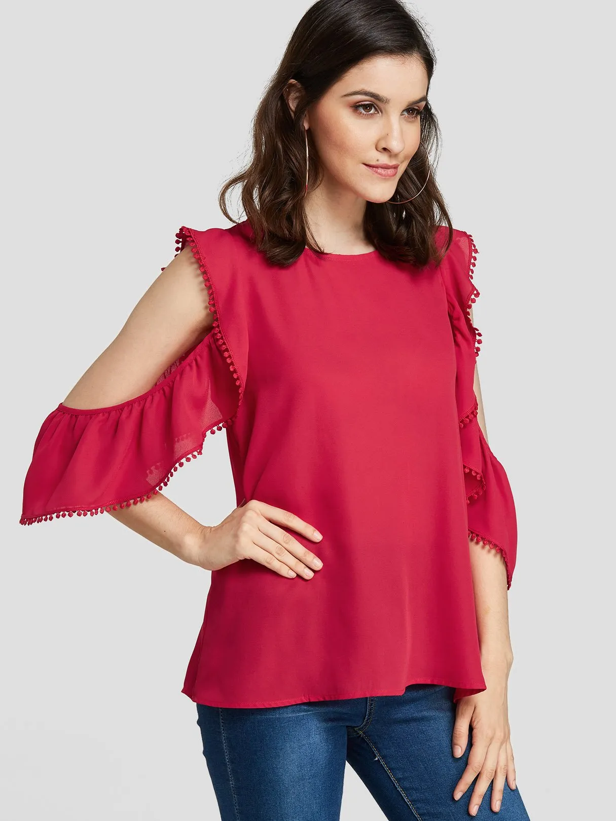 Custom Round Neck Cut Out Short Sleeve Red Blouses