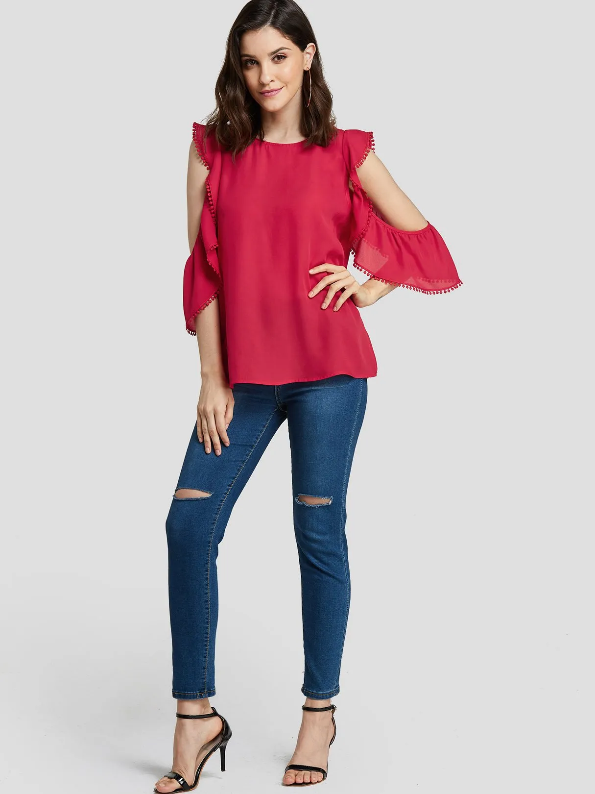 Custom Round Neck Cut Out Short Sleeve Red Blouses