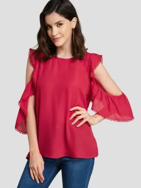 Custom Round Neck Cut Out Short Sleeve Red Blouses