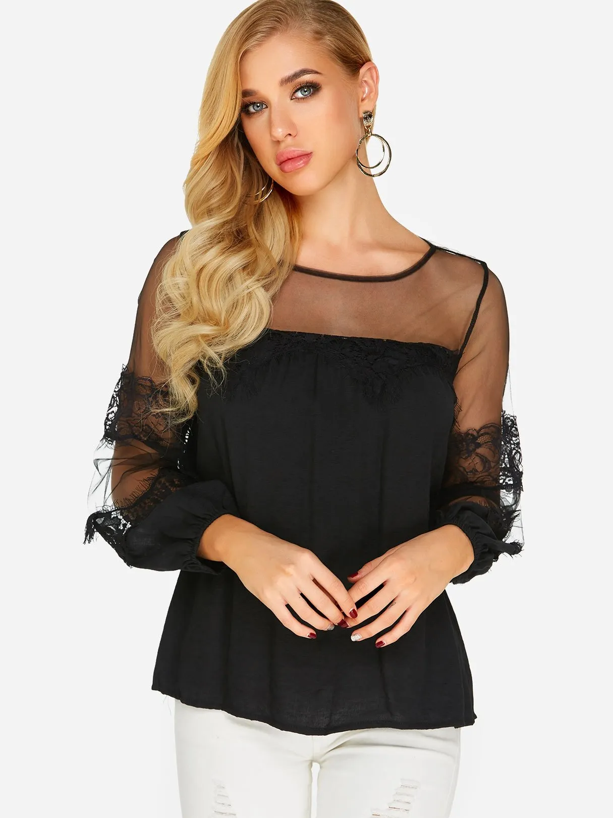 Custom Round Neck Lace Long Sleeve Blouses