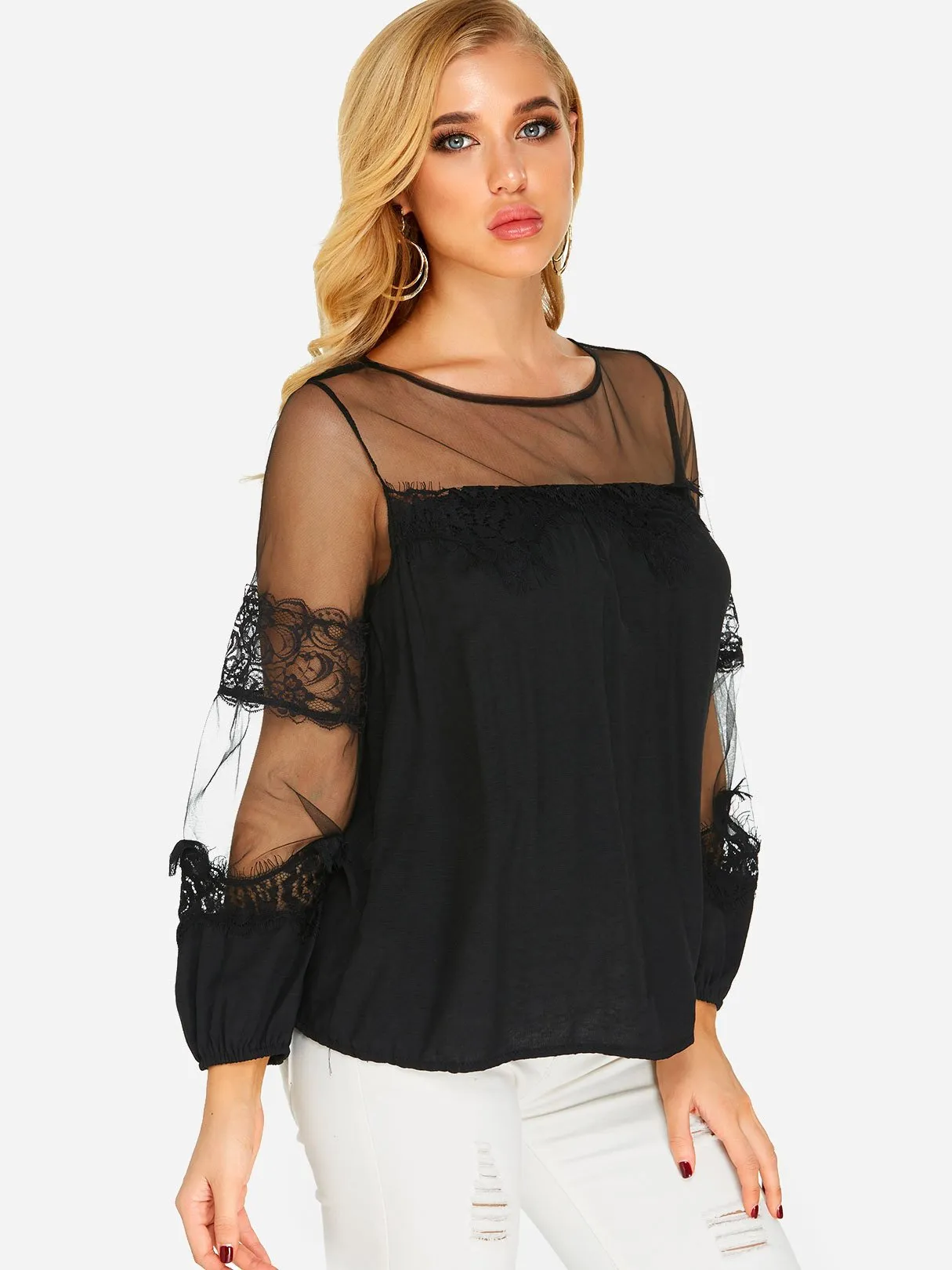 Custom Round Neck Lace Long Sleeve Blouses