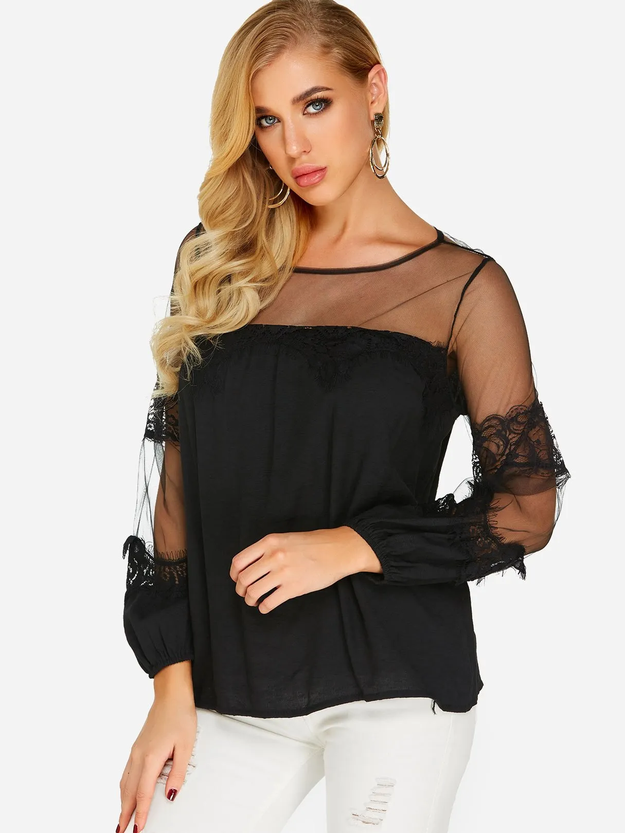 Custom Round Neck Lace Long Sleeve Blouses