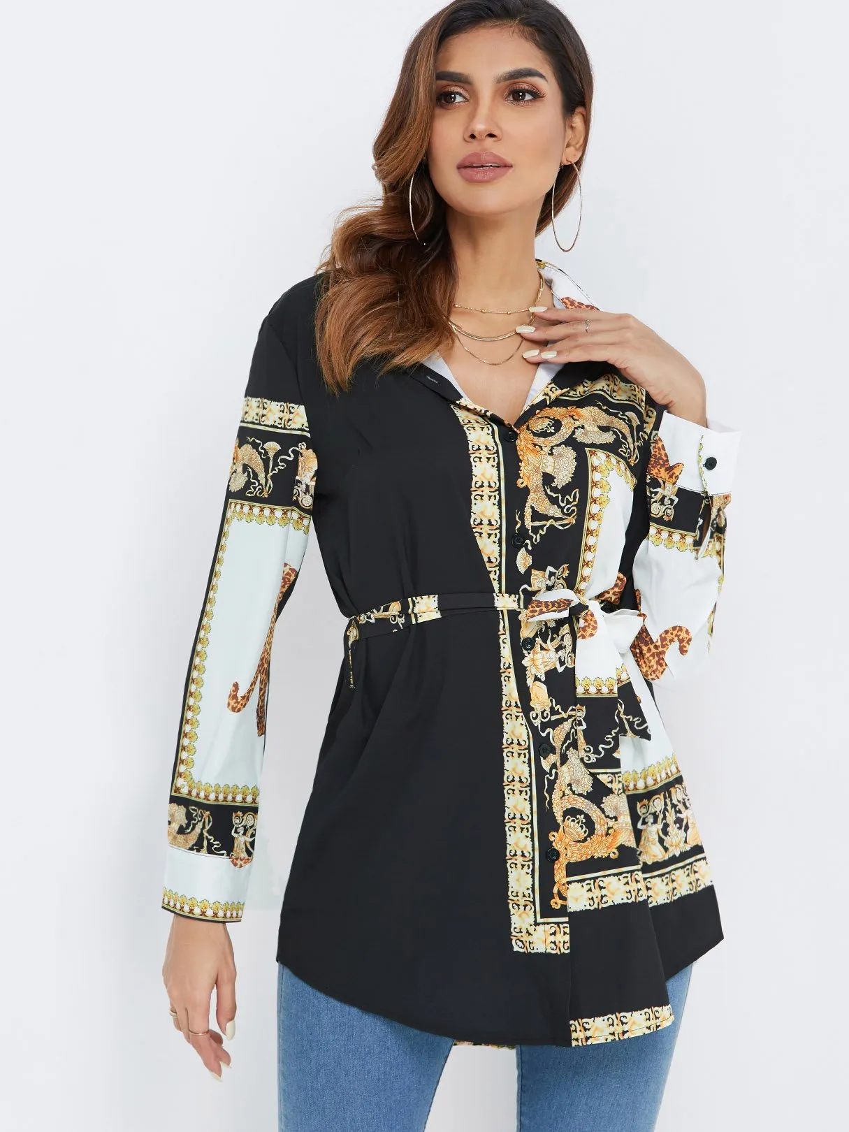 Custom Scarf Print Long Sleeve Blouses