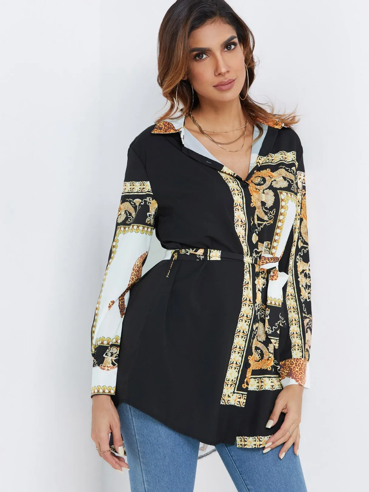 Custom Scarf Print Long Sleeve Blouses