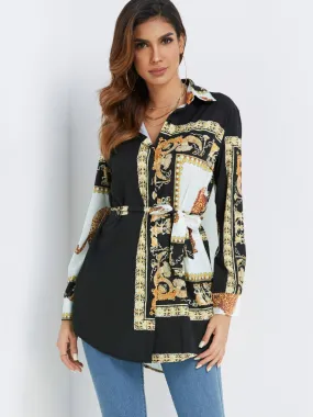 Custom Scarf Print Long Sleeve Blouses