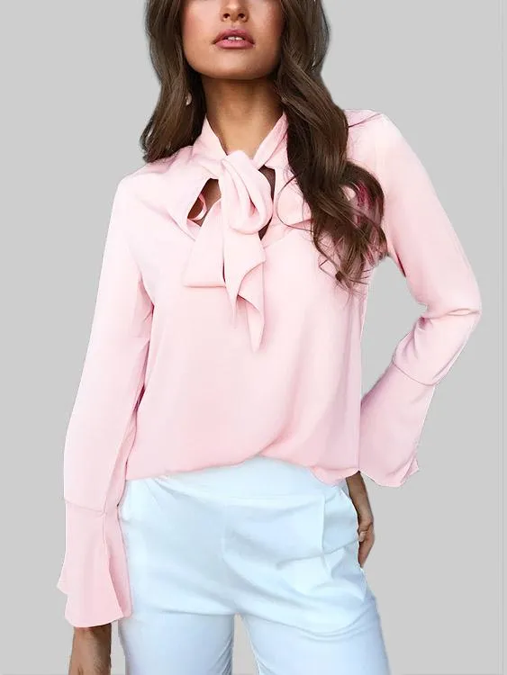 Custom Self-tie Design Bell Sleeves Chiffon Blouse