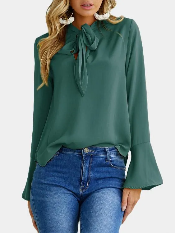 Custom Self-tie Design Bell Sleeves Chiffon Blouse