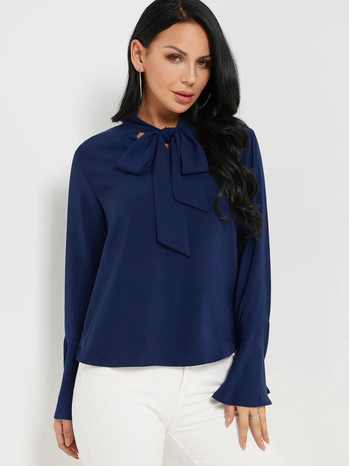 Custom Self-tie Design Bell Sleeves Chiffon Blouse