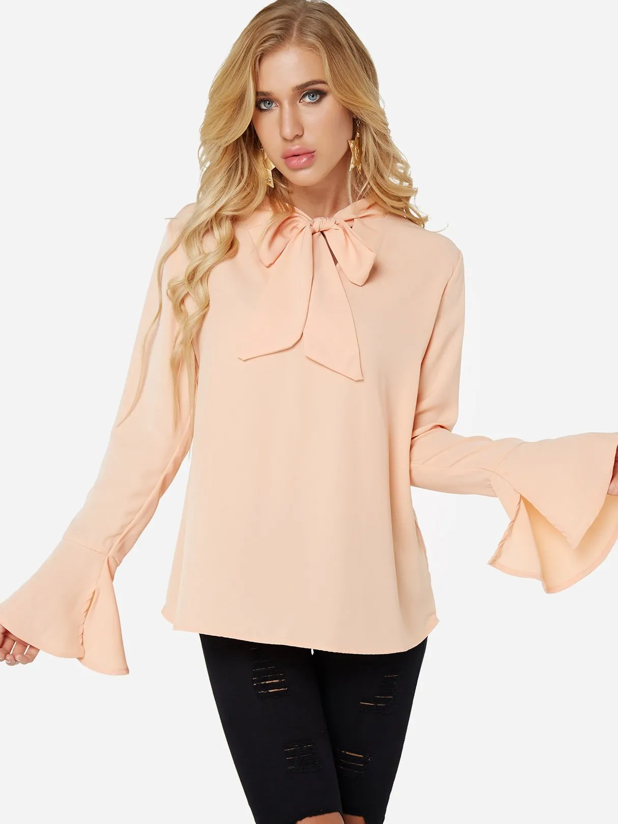 Custom Self-tie Design Bell Sleeves Chiffon Blouse