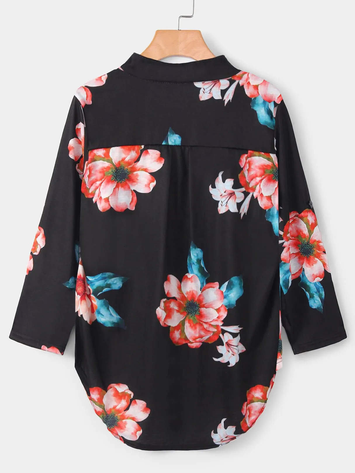 Custom V-Neck Floral Print Long Sleeve Curved Hem Blouse