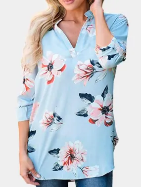 Custom V-Neck Floral Print Long Sleeve Curved Hem Blouse