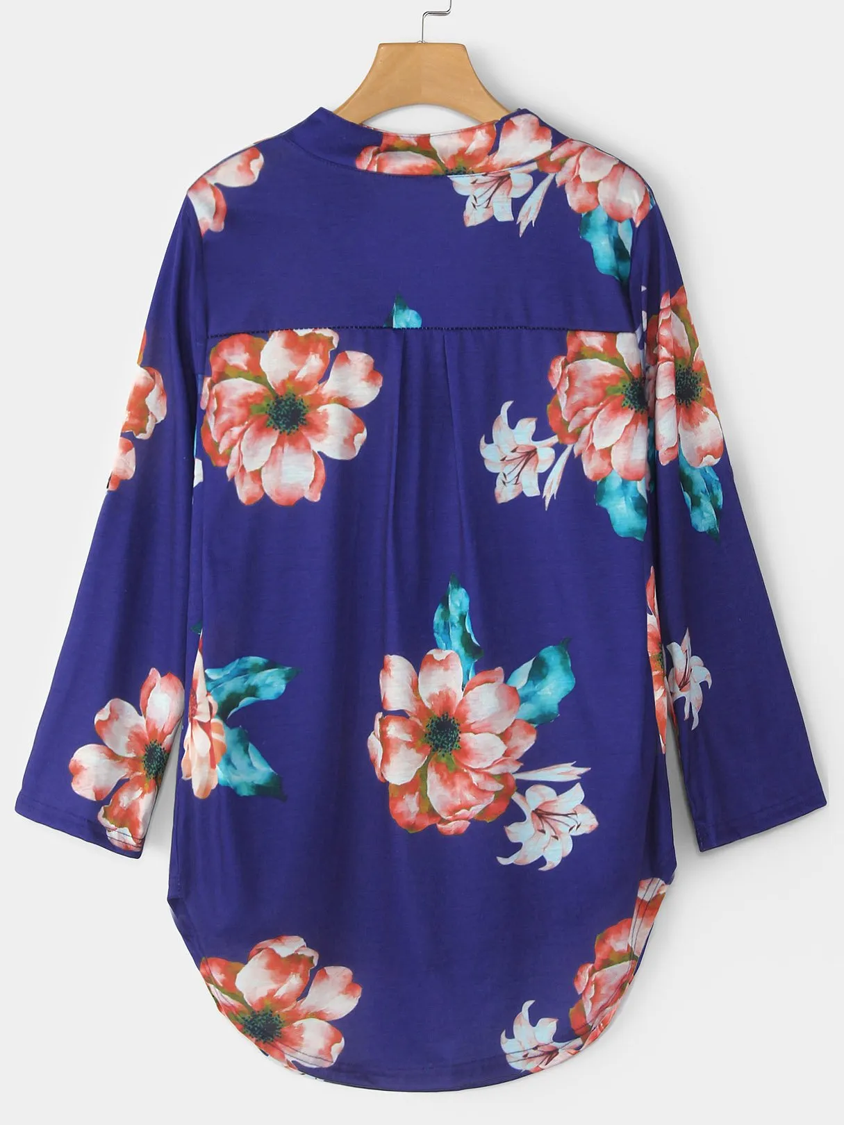 Custom V-Neck Floral Print Long Sleeve Curved Hem Blouse