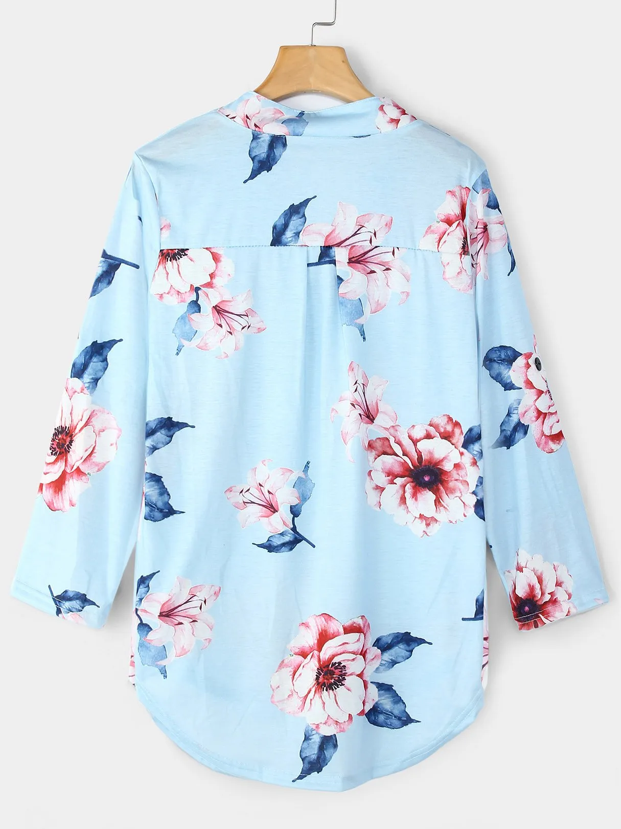 Custom V-Neck Floral Print Long Sleeve Curved Hem Blouse