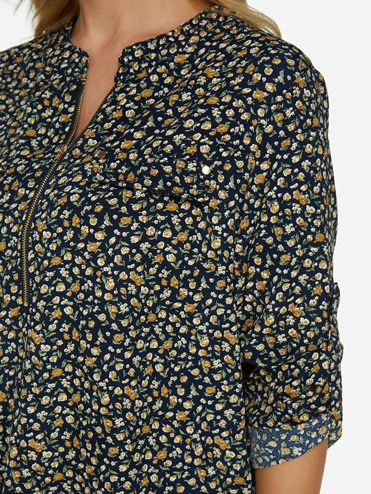 Custom V-Neck Floral Print Zip Back 3/4 Sleeve Black Blouses