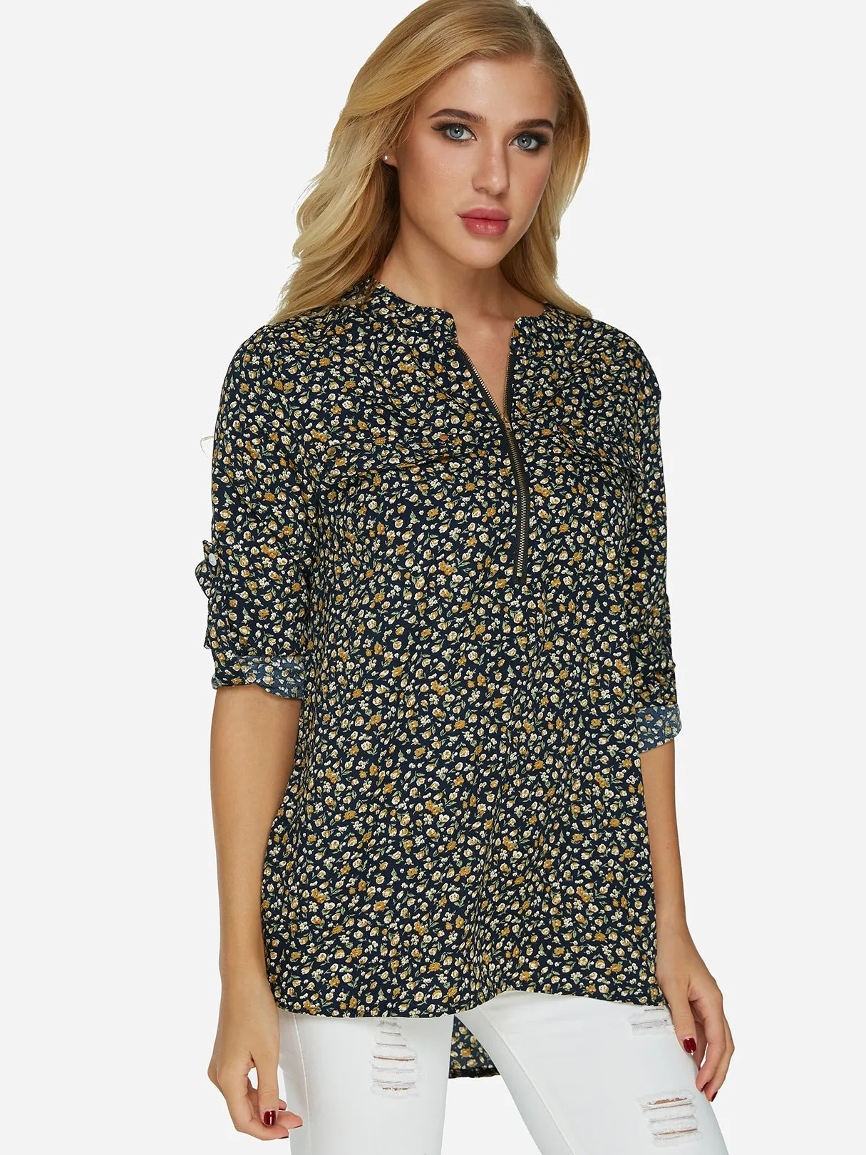 Custom V-Neck Floral Print Zip Back 3/4 Sleeve Black Blouses