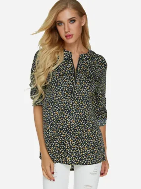 Custom V-Neck Floral Print Zip Back 3/4 Sleeve Black Blouses