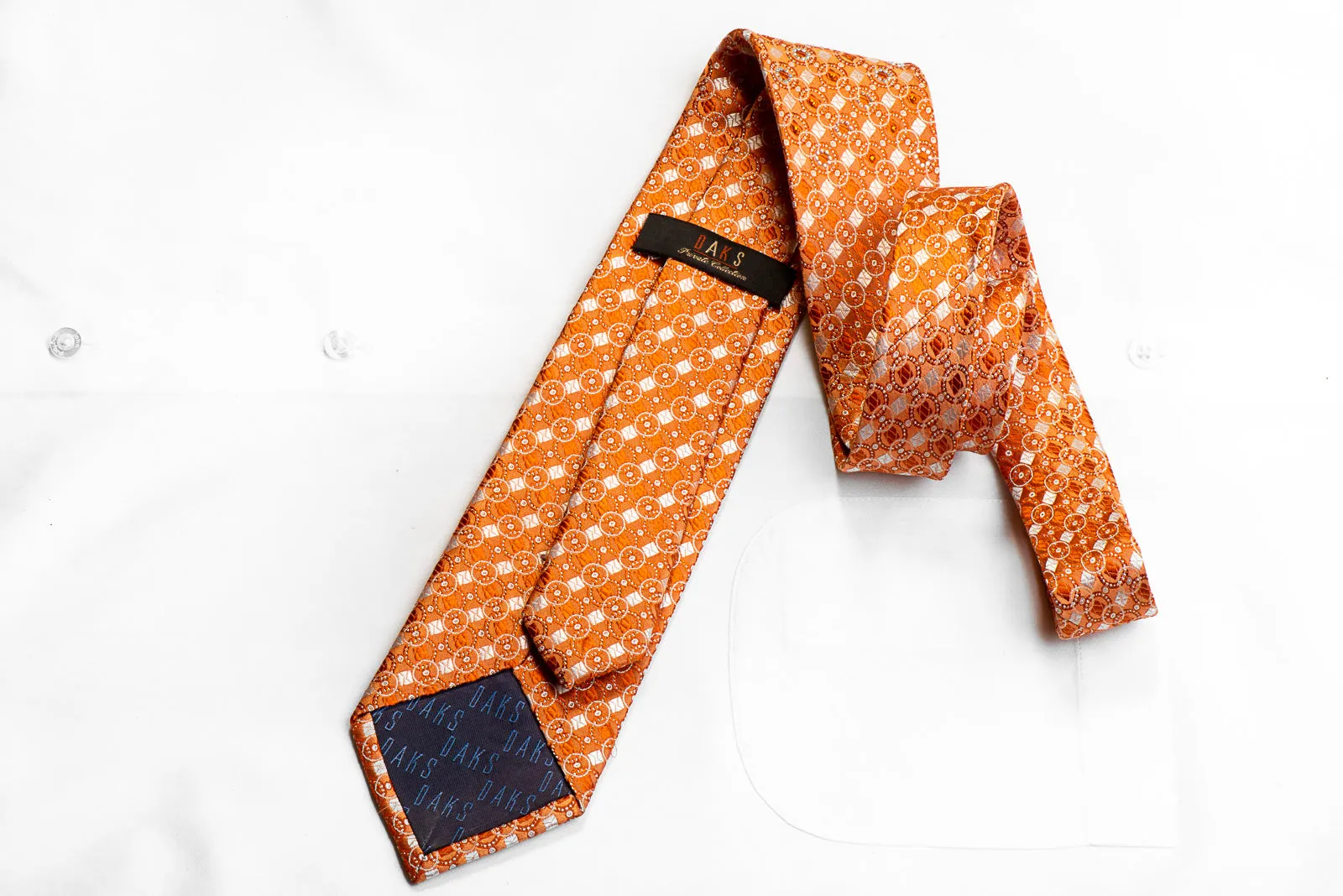 Daks Geometric On Orange With Silver Sparkles Rhinestone Silk Tie