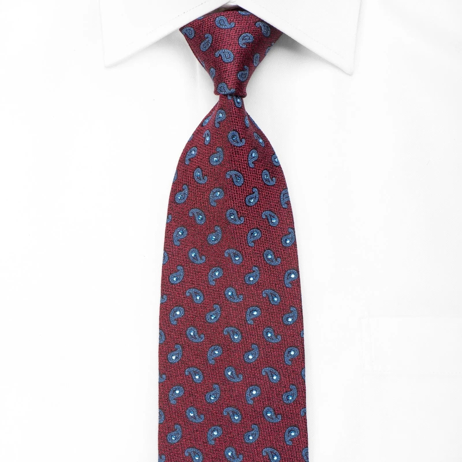 Daks Men's Crystal Silk Necktie Blue Paisley On Burgundy