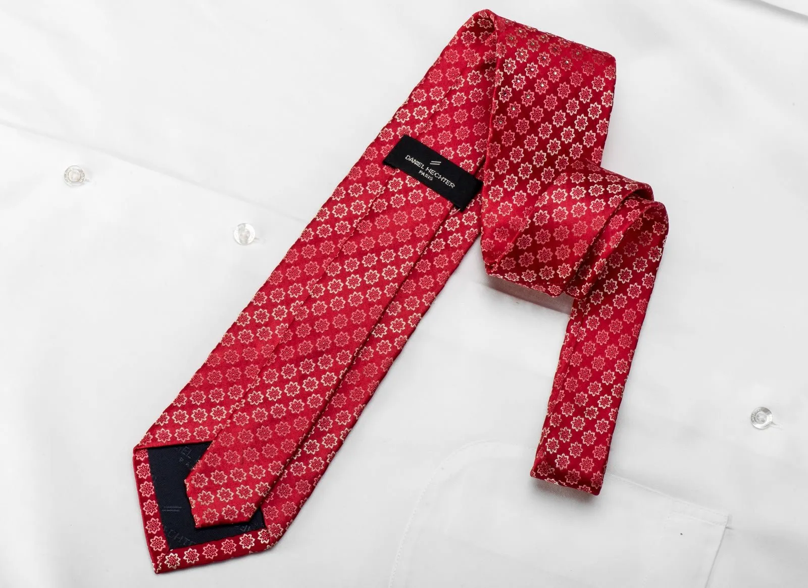 Daniel Hechter Men's Crystal Rhinestone Silk Necktie Foulard On Red With Silver Sparkles