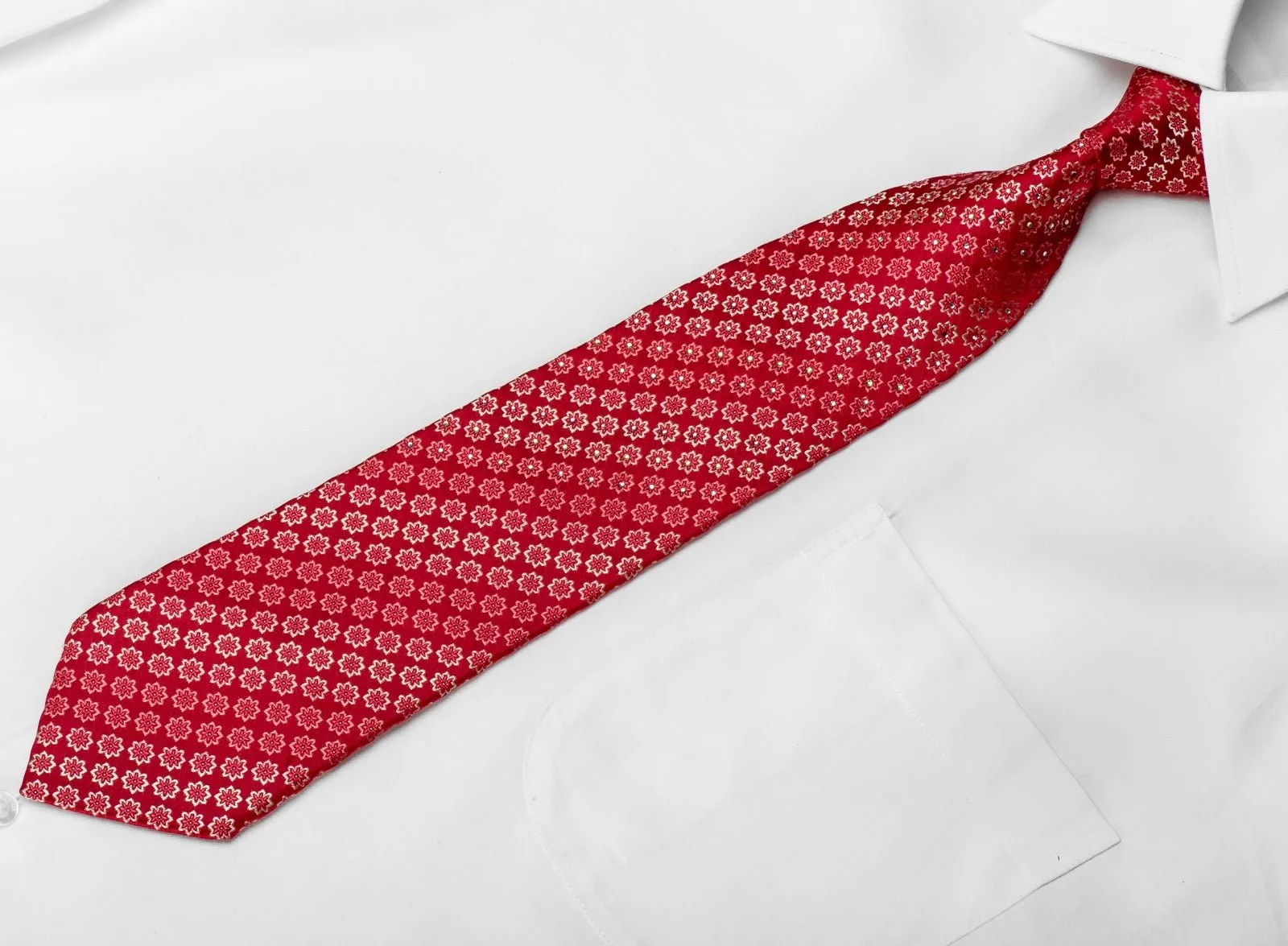 Daniel Hechter Men's Crystal Rhinestone Silk Necktie Foulard On Red With Silver Sparkles