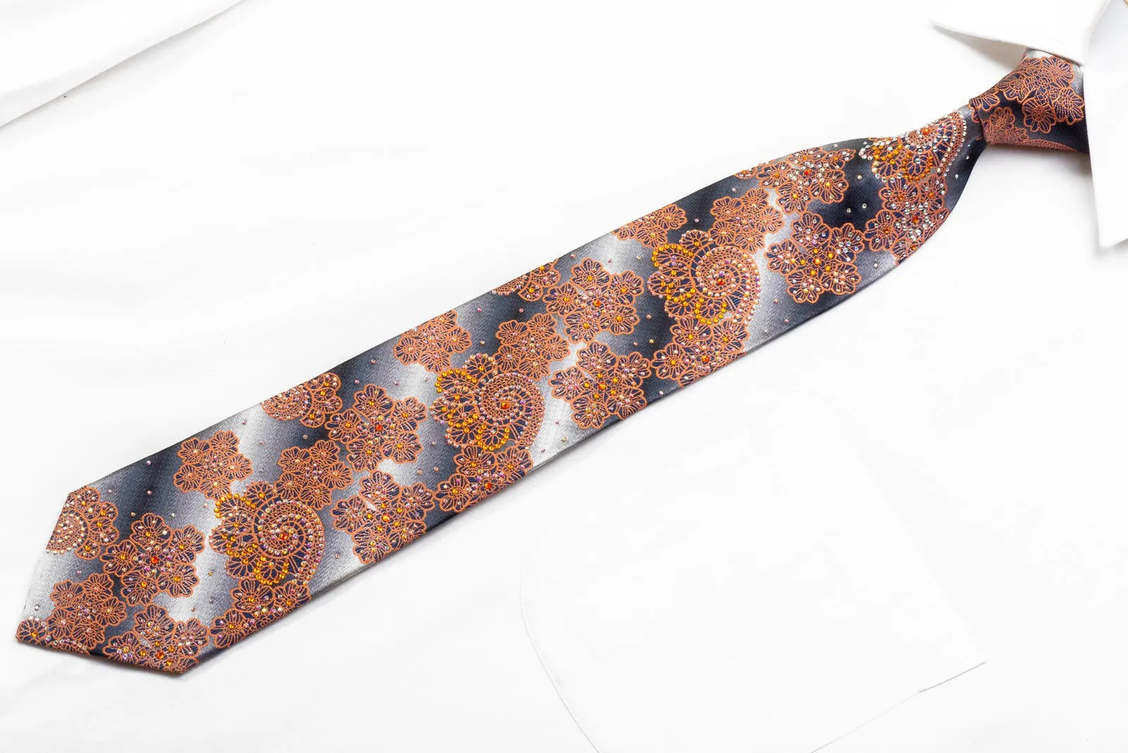 Daniel Hechter Men's Rhinestone Silk Necktie Orange Paisley Anthemion On Silver