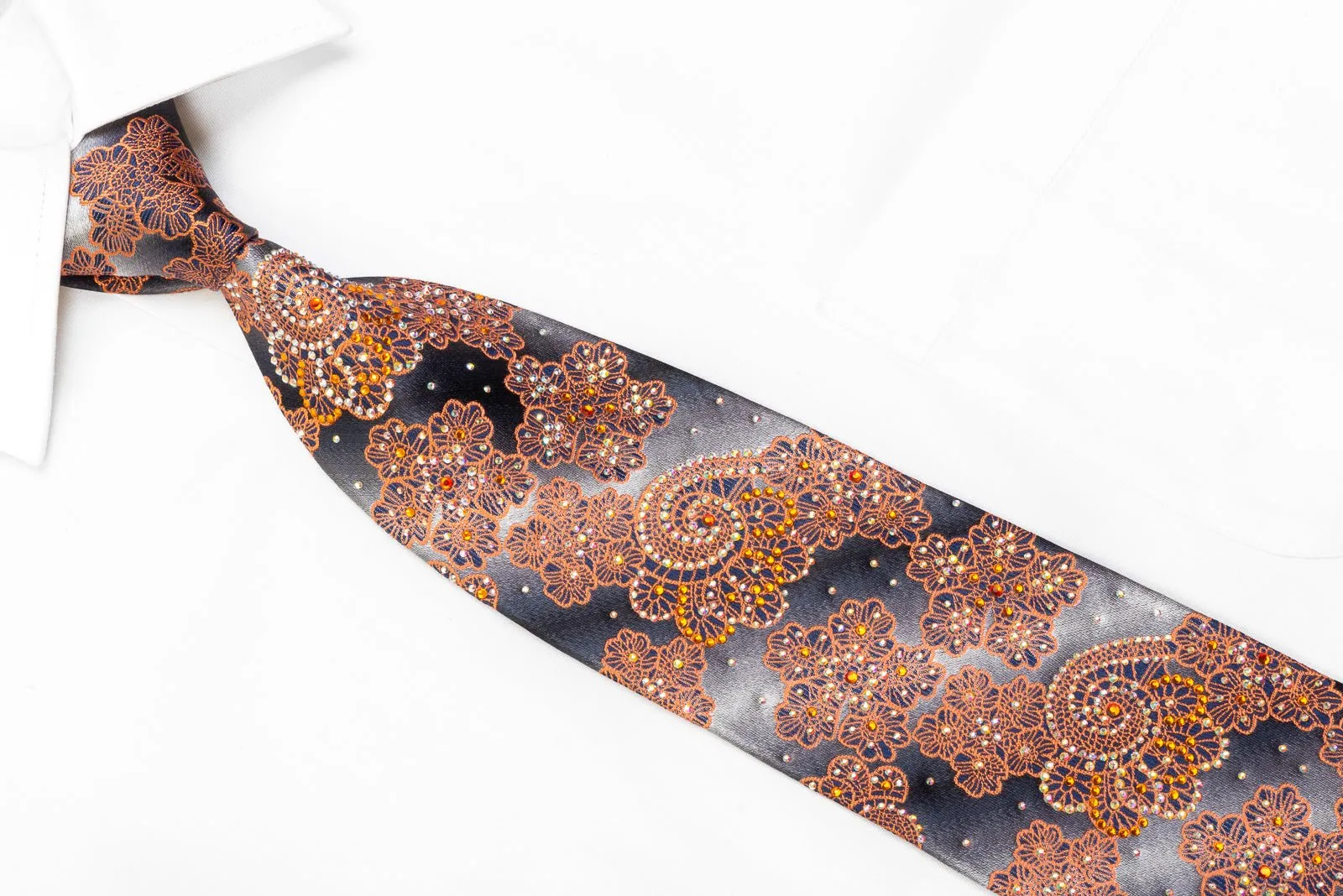 Daniel Hechter Men's Rhinestone Silk Necktie Orange Paisley Anthemion On Silver