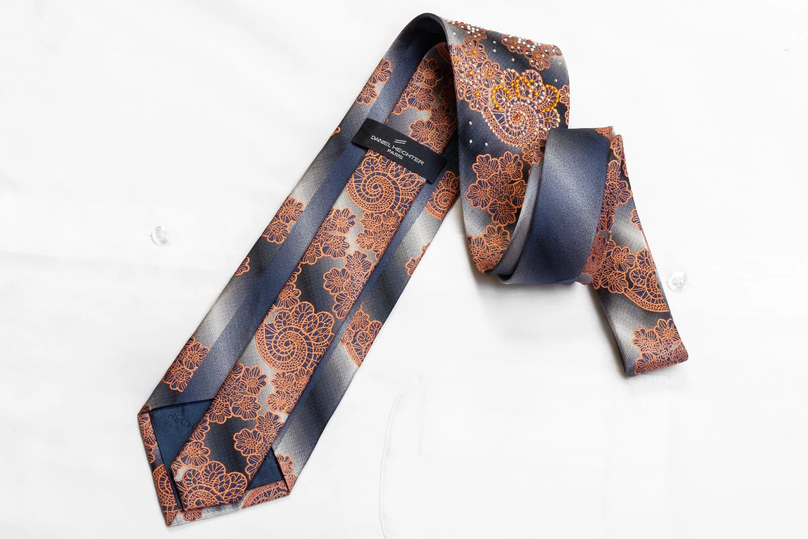 Daniel Hechter Men's Rhinestone Silk Necktie Orange Paisley Anthemion On Silver